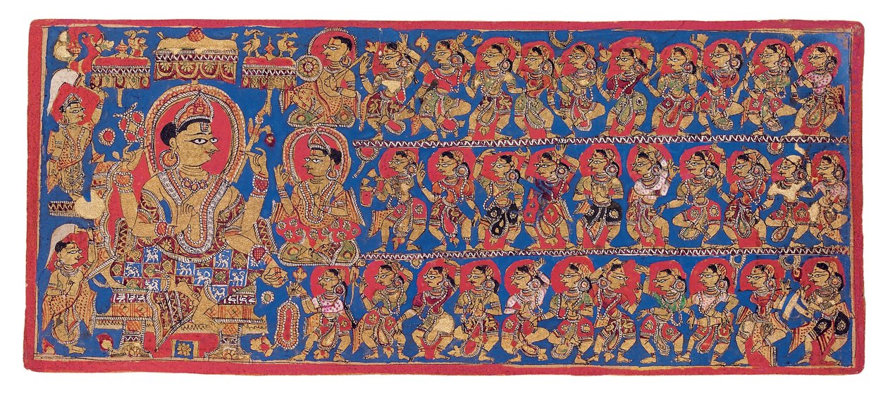 The Heavenly Court of Indra, fra 'Devasanaparo Bhandar' Kalpasutra, ca. 1475 (ugjennomsiktig akvarell og gull på papir) av Indian School