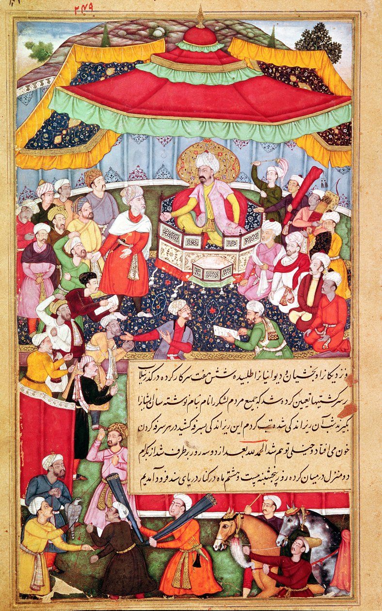 Kongen på sin trone omgitt av sine hoffmenn, fra Baburnama (Memoirs of Babur) 1530 av Indian School
