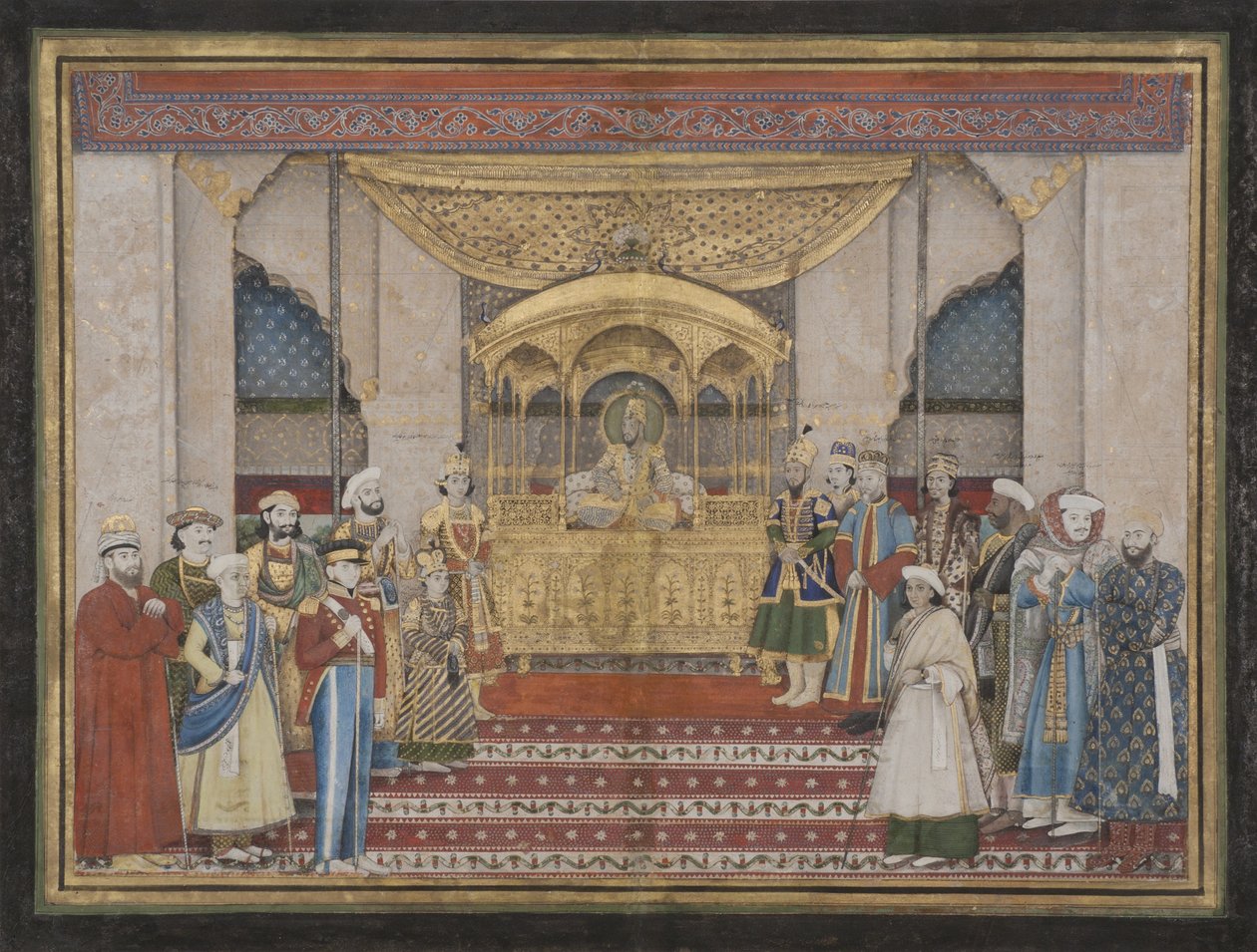 Mughal-keiseren Bahadur Shah II i Darbar, 1839 (ugjennomsiktig wc og gull på papir) av Indian School