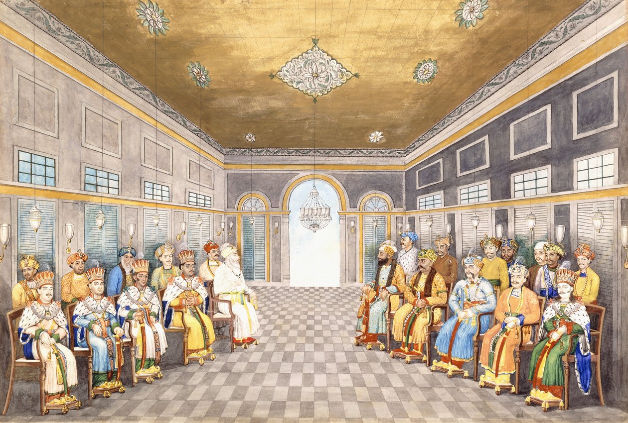 Nawabene og kongene av Oudh i et palassinteriør med deres tjenere til stede, ca. 1800 av Indian School