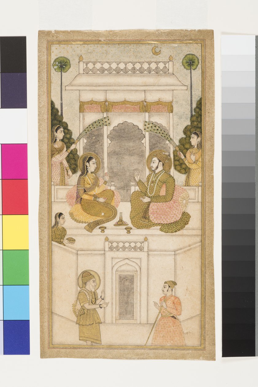 Sultanen av Golconda, Quli Qutb Shah, sittende med sin kone, 1700-25 (ugjennomsiktig wc og gull på papir) av Indian School