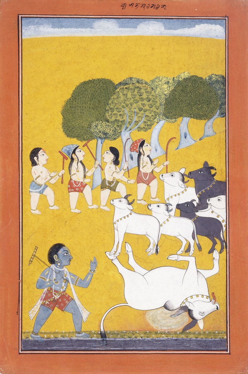 Den unge Krishna dreper demonen Vatsasura, som kom i skikkelse av en kalv, ca. 1730-1740 av Indian School
