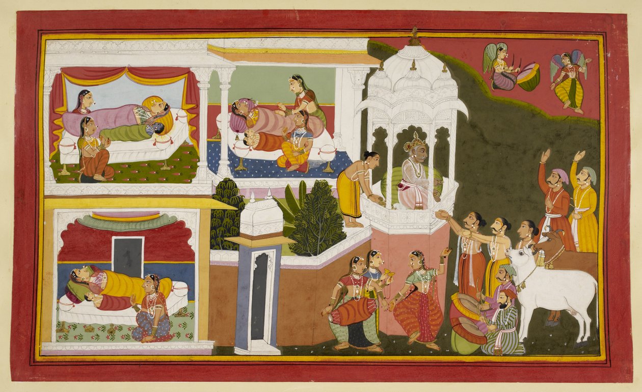 Fødselen til kong Dasarathas fire sønner. Rama, Bharata, Lakshmana og Satrughna av Indian School