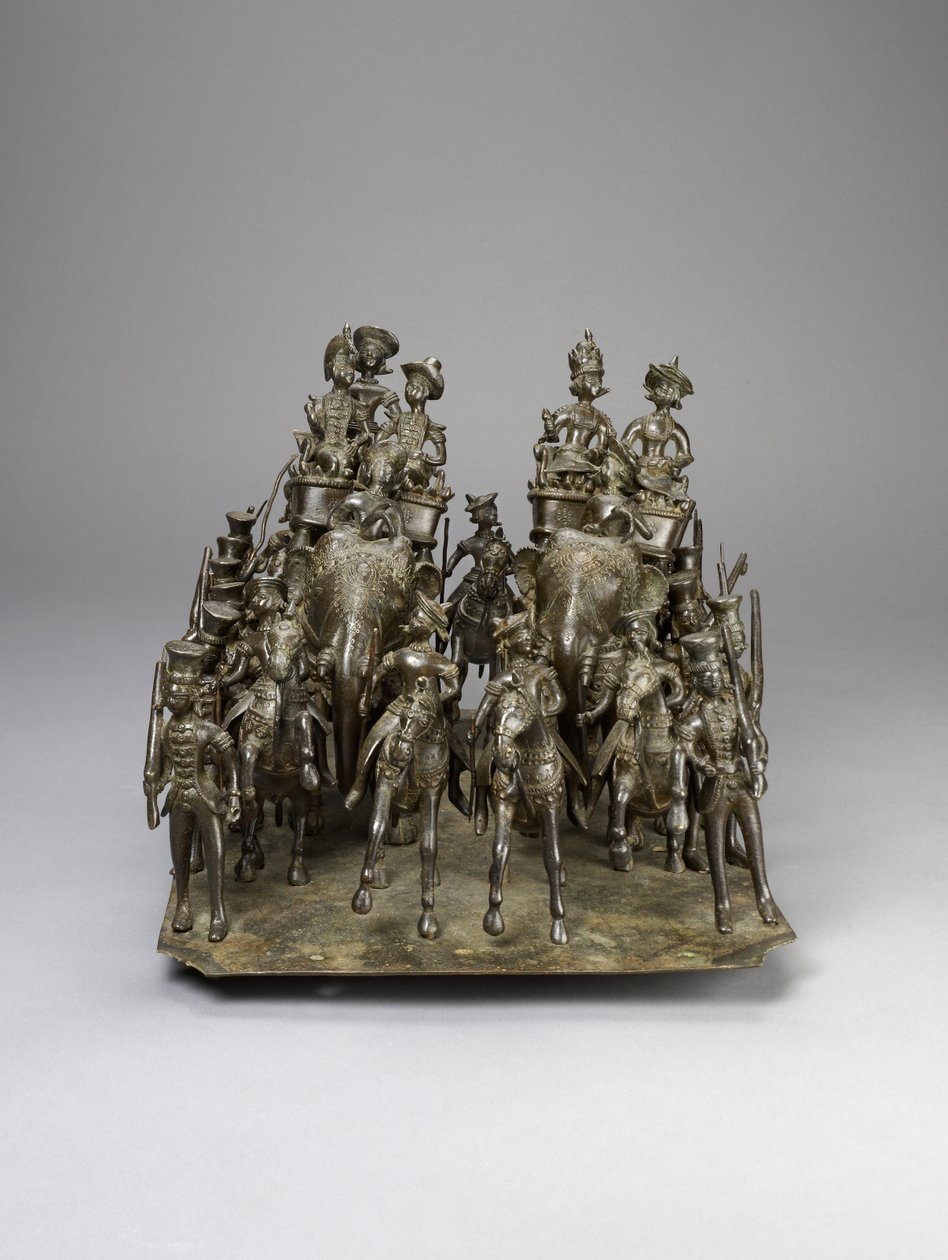 Kavalkaden til kongen av Oudh som rir med den britiske innbyggeren på elefanter, ca. 1820 (bronse) av Indian School