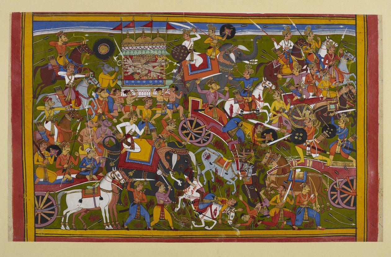 Gudene og demonene kjemper voldsomt; Vasu duellerer og beseirer Sumāli, Rāvaṇas bestefar av Indian School