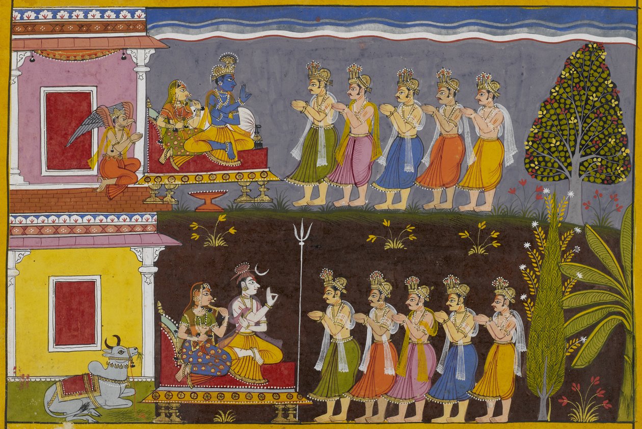 Gudene ber Śiva om å ødelegge rākṣasaene; han leder dem til Viṣṇu, som samtykker. av Indian School