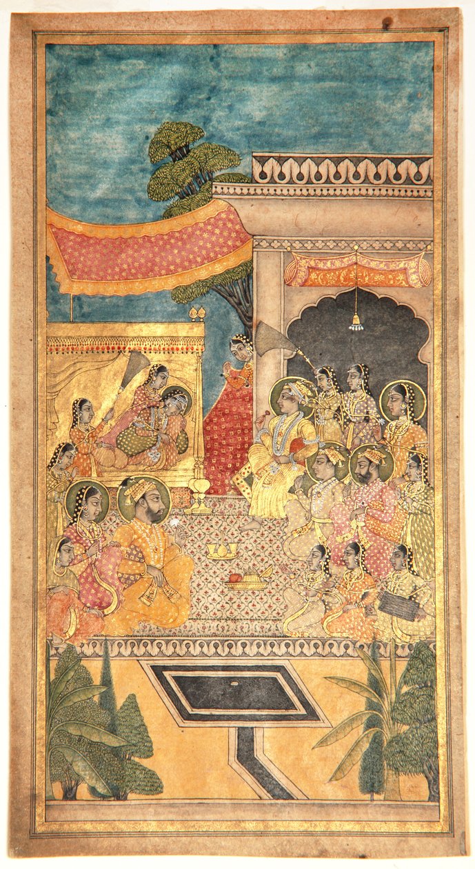 Ekteskapet til Tana Shah i Jalwa-seremonien, 1679 (ugjennomsiktig wc og gull på papir) av Indian School