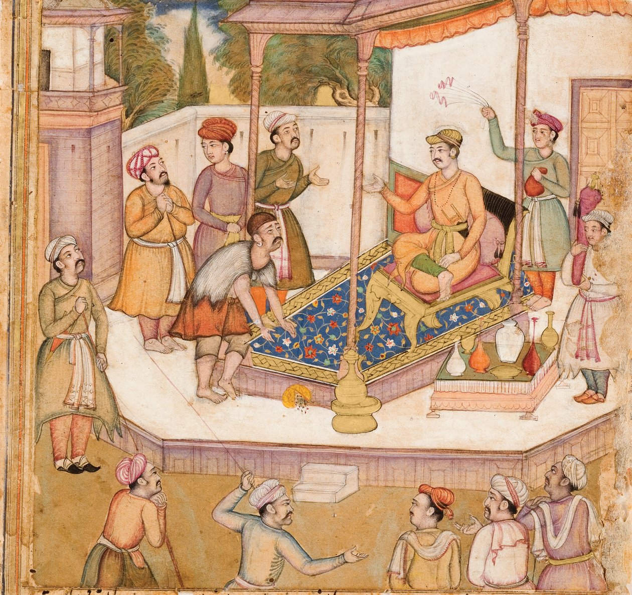 Rajaen hvis gjest ba ham om 500 dinarer daglig, ca. 1585 (ugjennomsiktig wc og gull på papir) av Indian School