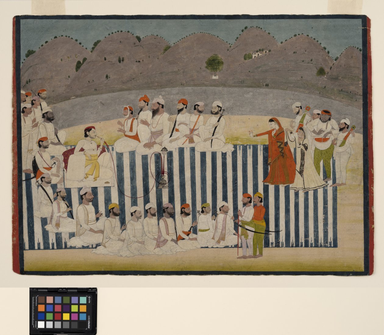 Sønnen til Bahadur Singh ser på en nautch, ca. 1800 (ugjennomsiktig akvarell og gull på papir) av Indian School
