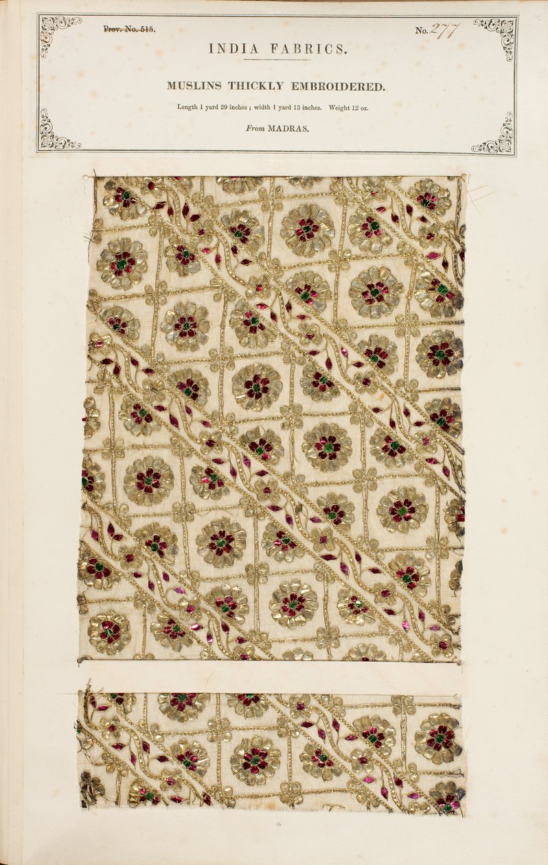 Tykt brodert muslinprøve fra Madras, fra The Collection of the Textile Manufacturers of India, av John Forbes Watson, utgitt i 1866 av Indian School