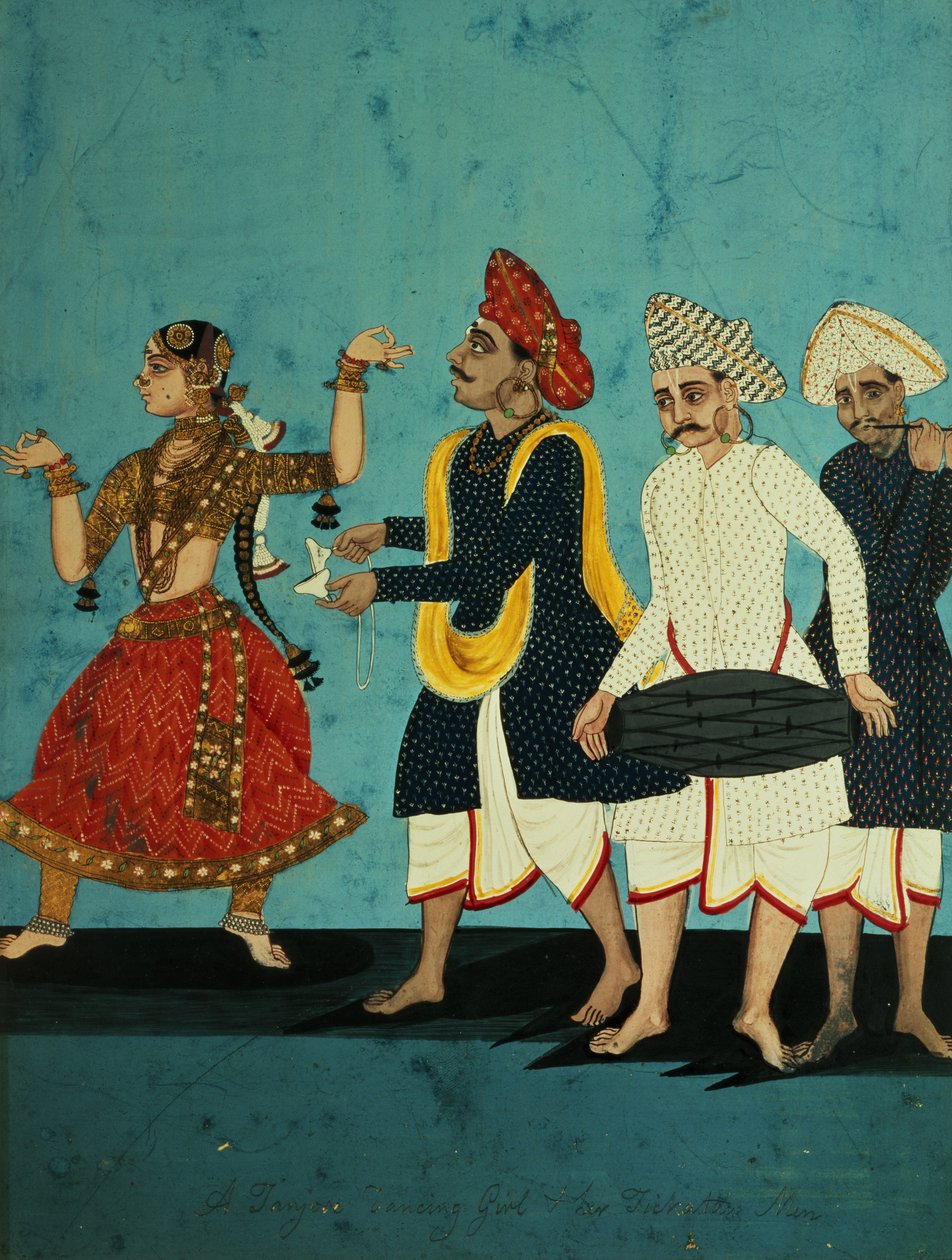 Tre musikere og en dansende jente, Tanjore, Tamil Nadu, ca. 1850 av Indian School