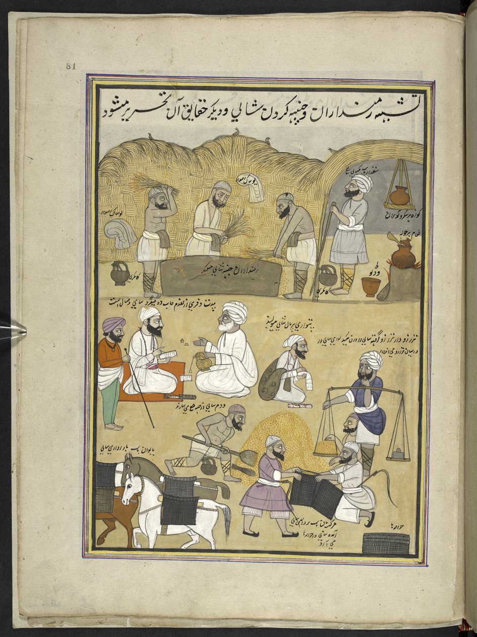 Tresking av paddy, veier den og pakker den i seteposer,  86 tegninger bundet inn i et bind som viser håndverk og yrker i Kashmir, håndverkere vises i arbeid med redskaper og utstyr,  Av en Kashmir-kunstner, sannsynligvis i Srinagar, ca. 1850- av Indian School