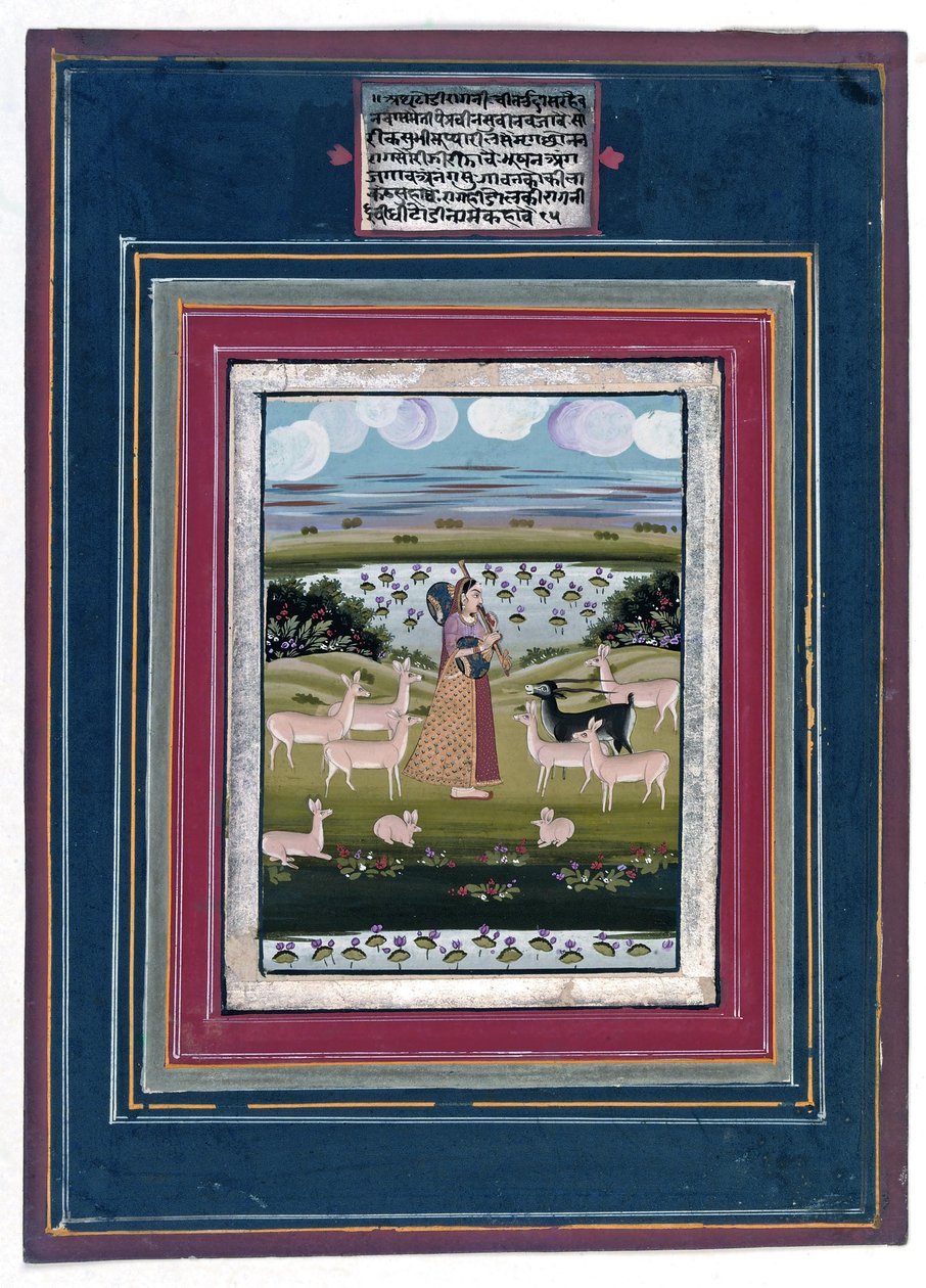 Todi ragini - En dame som spiller en vina i et landskap med dyr, 1810-20 av Indian School