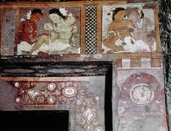To par, fra det indre av Cave 17 (fresco) av Indian School