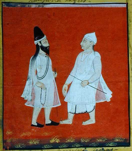 Two Wandering Muslim Faqirs (jangam) Religious Mendicants, Udaipur, ca. 1810-20 (gouache på papir) (detalj) (se også 136600) av Indian School