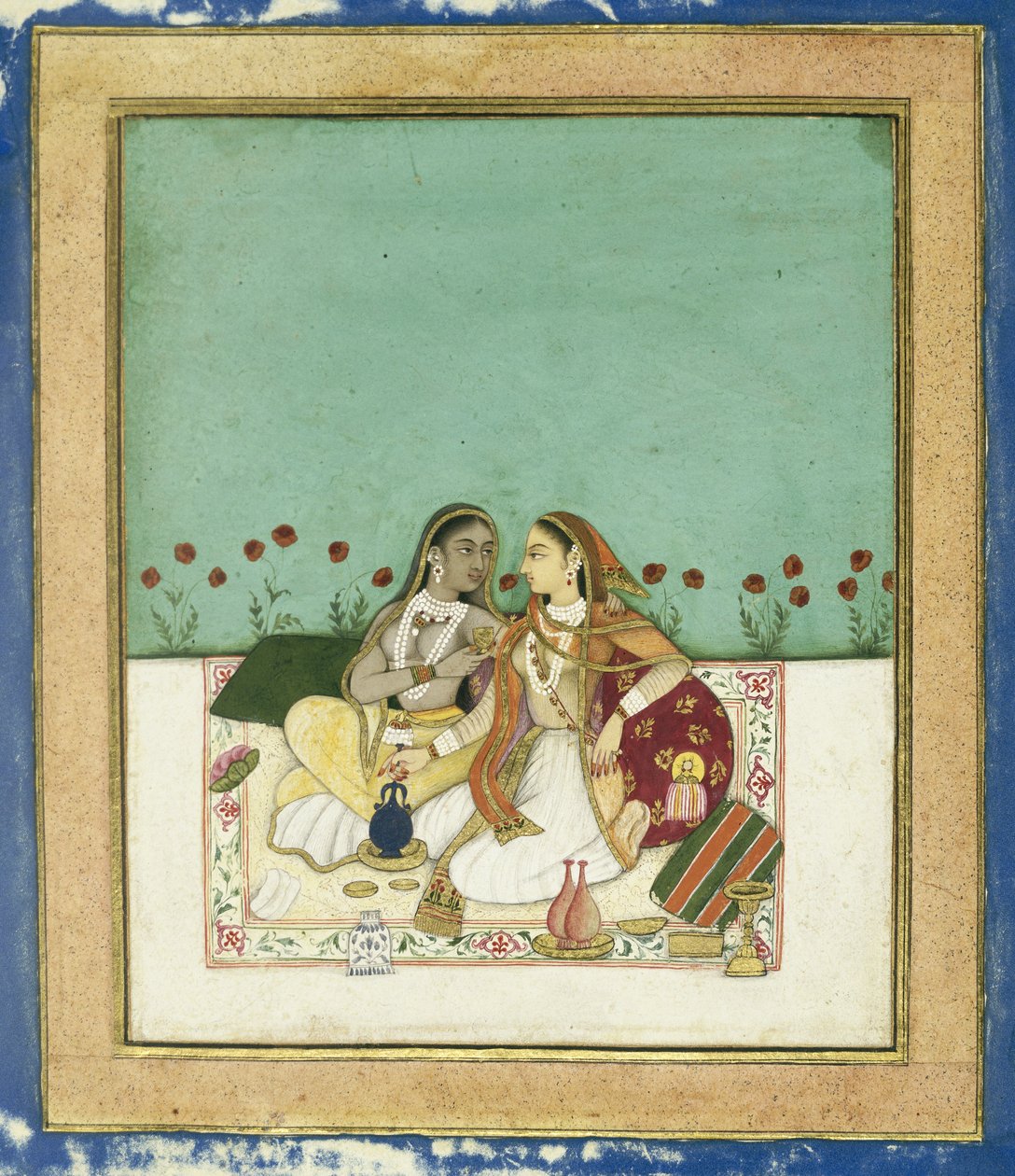 To kvinner på en terrasse, etter 1700 (ugjennomsiktig wc og gull på papir) av Indian School