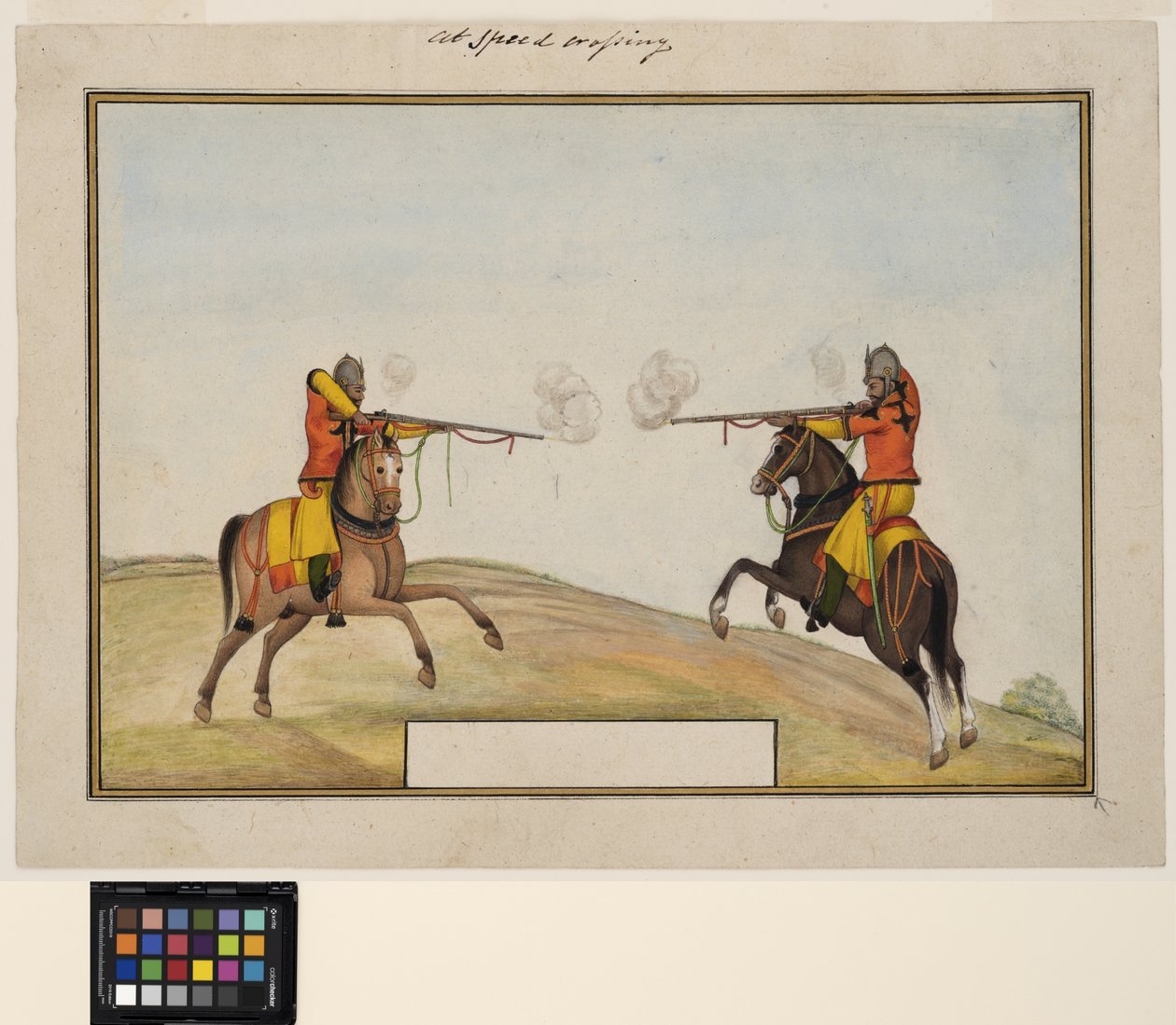 To ridende soldater utveksler rifleild, ca. 1830 (ugjennomsiktig akvarell og gull på papir) av Indian School