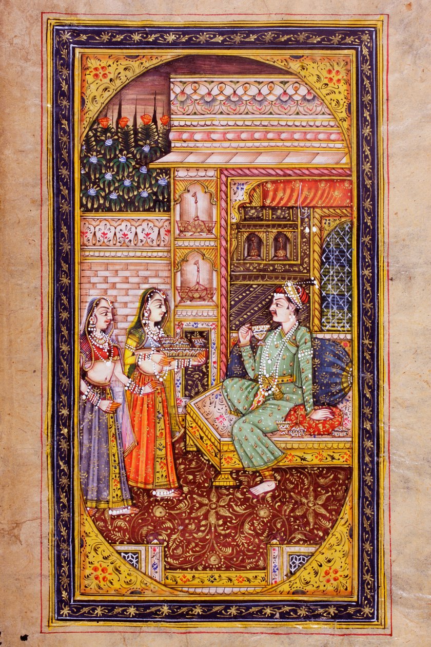 To tjenestejenter serverer forfriskning til en edel mann i et rikt dekorert rom, Rajasthani miniatyrmaleri av Indian School