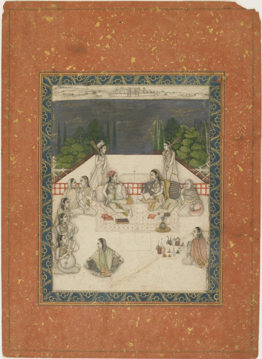 To kvinner sittende på en terrasse, omgitt av ledsagere og musikere, ca. 1650 (ugjennomsiktig wc og gull på papir) av Indian School