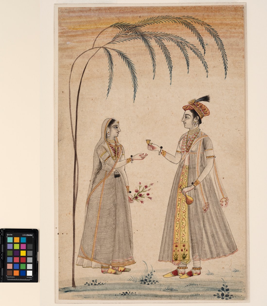 To kvinner under et tre, ca. 1750 (ugjennomsiktig akvarell og gull på papir) av Indian School