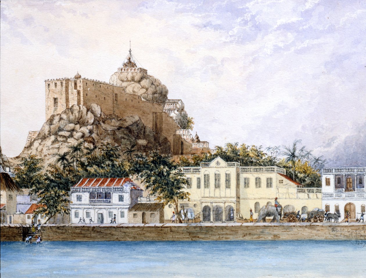 Ukjent township, ca. 1830 (wc og gouache på papir) av Indian School