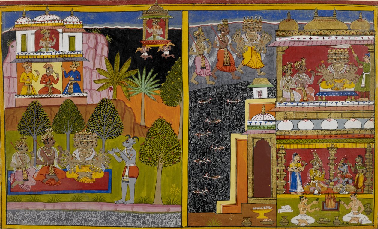 Vaisravana drar til Kailāsa-fjellet mens Rāvaṇa griper Lanka av Indian School