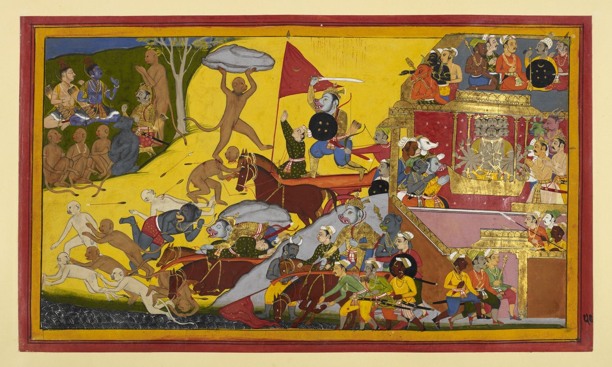 Vajradaṃṣṭra blir drept av Aṅgada blant varsler; Rāmas side fryder seg av Indian School