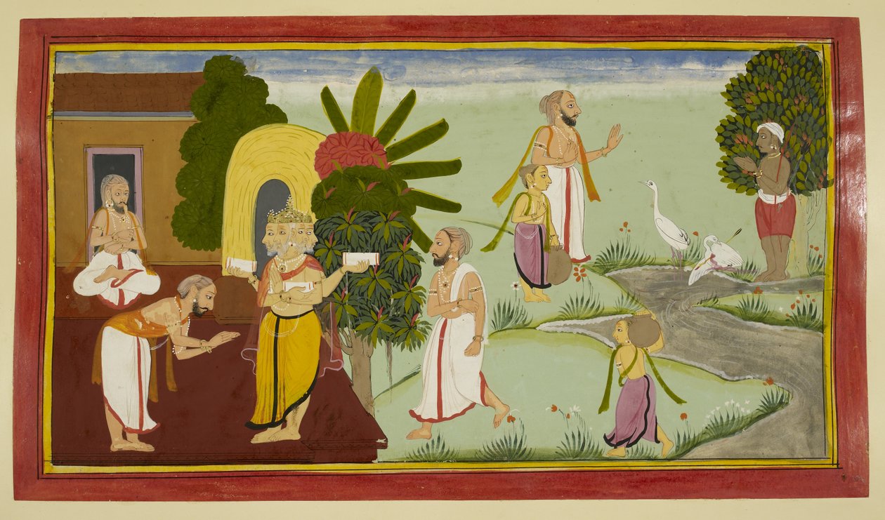 Valmiki mediterer, og Brahma dukker opp foran ham av Indian School