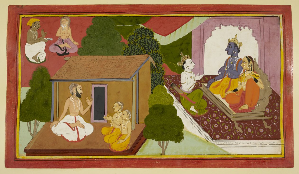 Valmiki lærer Kusha og Lava, mens Rama og Sita får råd av en budbringer av Indian School