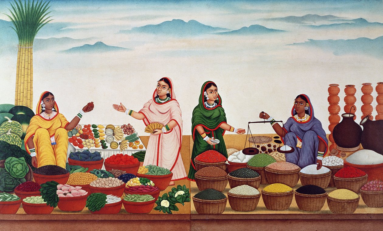Grønnsaks- og kryddermarkedet i Benares, ca. 1840 av Indian School
