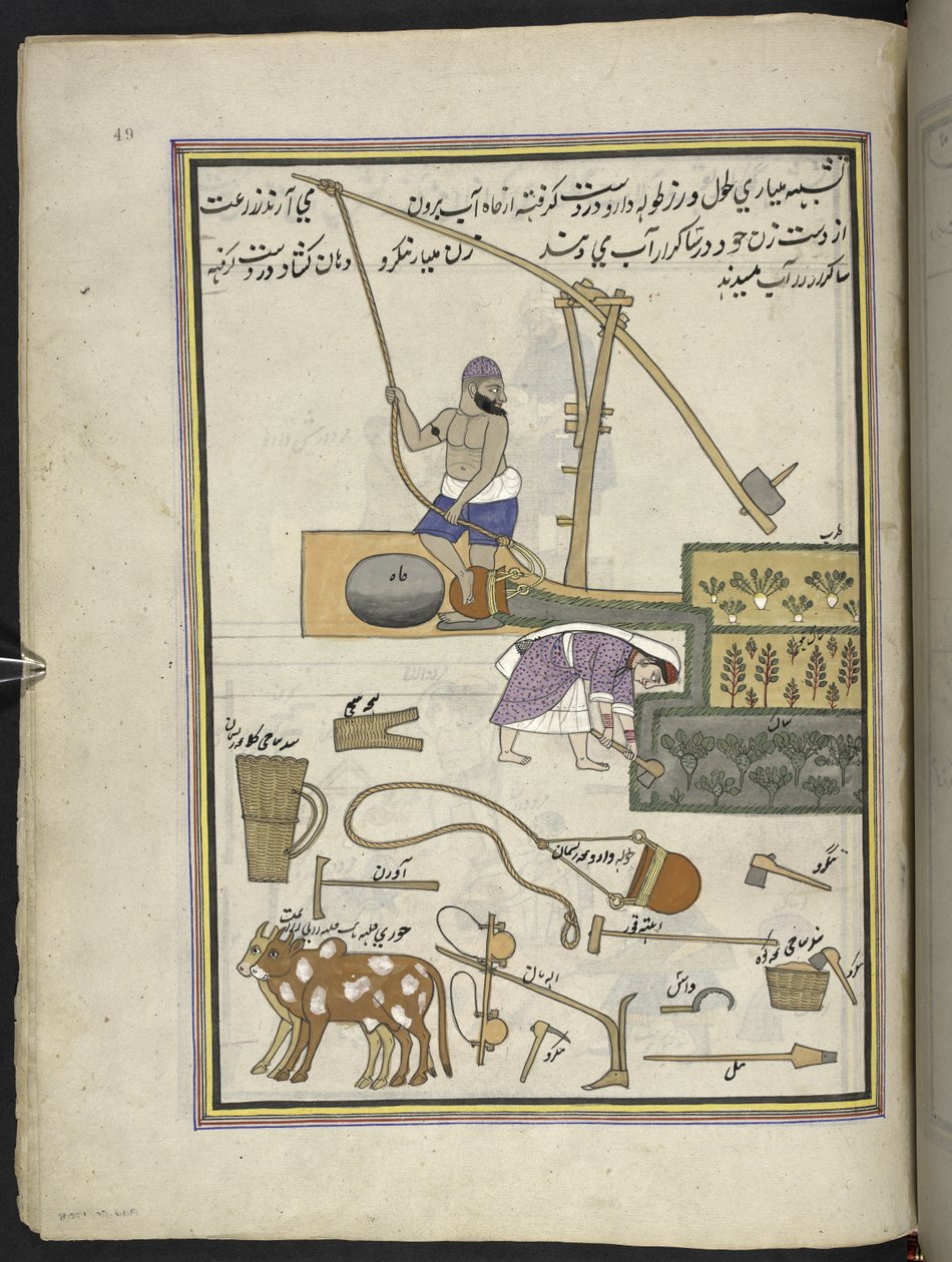 Grønnsaksdyrkere med brønn,  86 tegninger bundet inn i et bind som viser håndverk og yrker i Kashmir, håndverkere vises i arbeid med redskaper og utstyr,  Av en Kashmir-kunstner, sannsynligvis i Srinagar, ca. 1850-60 (gouache på papir) av Indian School
