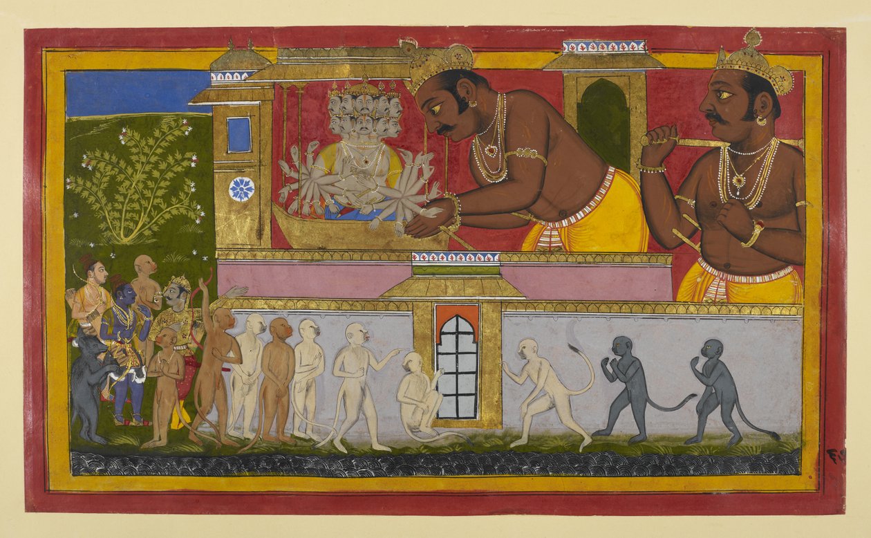 Vibhīṣaṇa gjenforteller Kumbhakarṇas forbannelse; Lakṣmaṇa kommer seg og reiser seg av Indian School