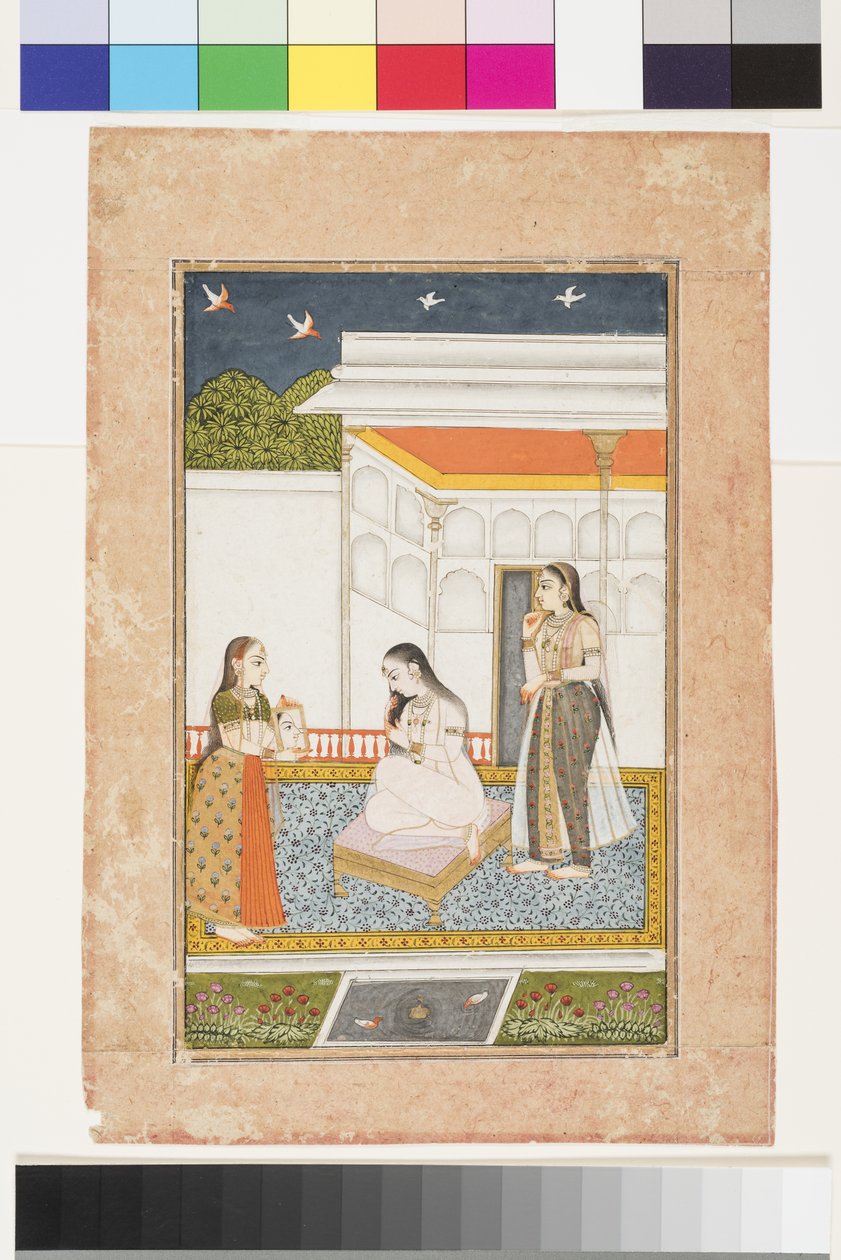Vilaval Ragini fra Hindol, ca. 1745 (ugjennomsiktig akvarell og gull på papir, montert på en albumside) av Indian School