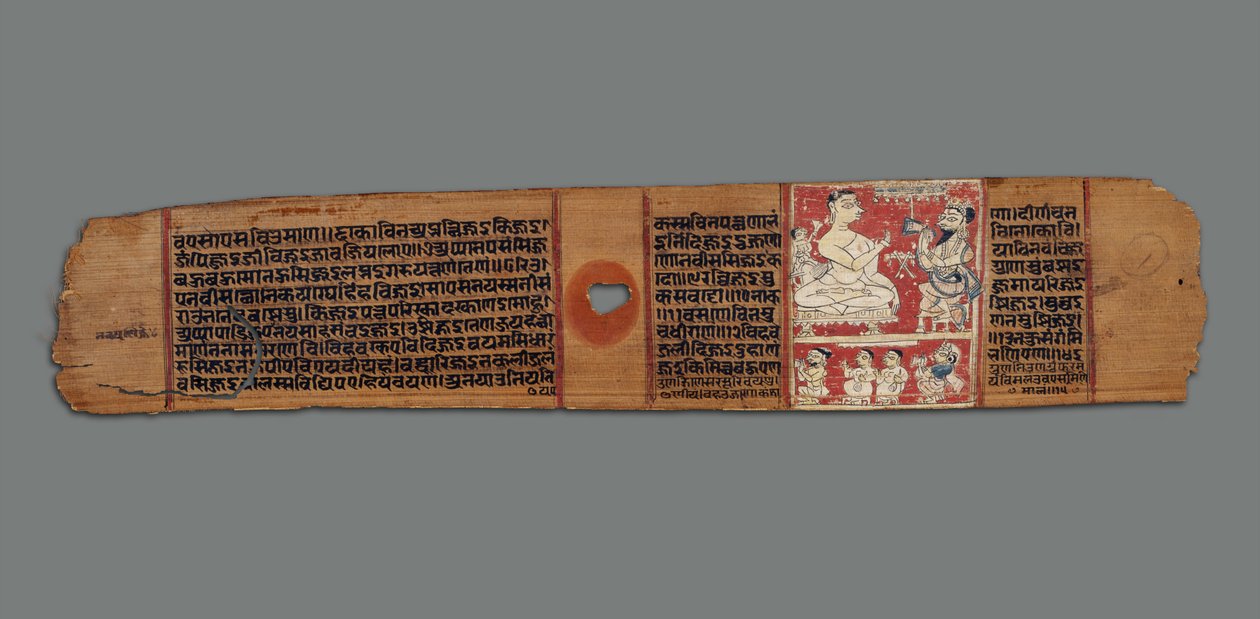 Vimalaprava snakker med Raji og Lakshmi, ca. 1300 (ugjennomsiktig wc på palmeblad) av Indian School