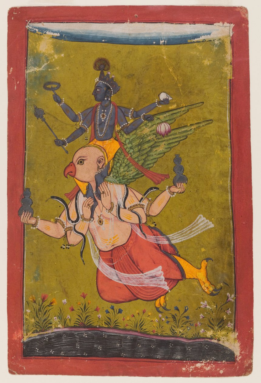 Vishnu på Garuda, ca. 1725 eller tidligere (wc, sølv og gull på papir) av Indian School