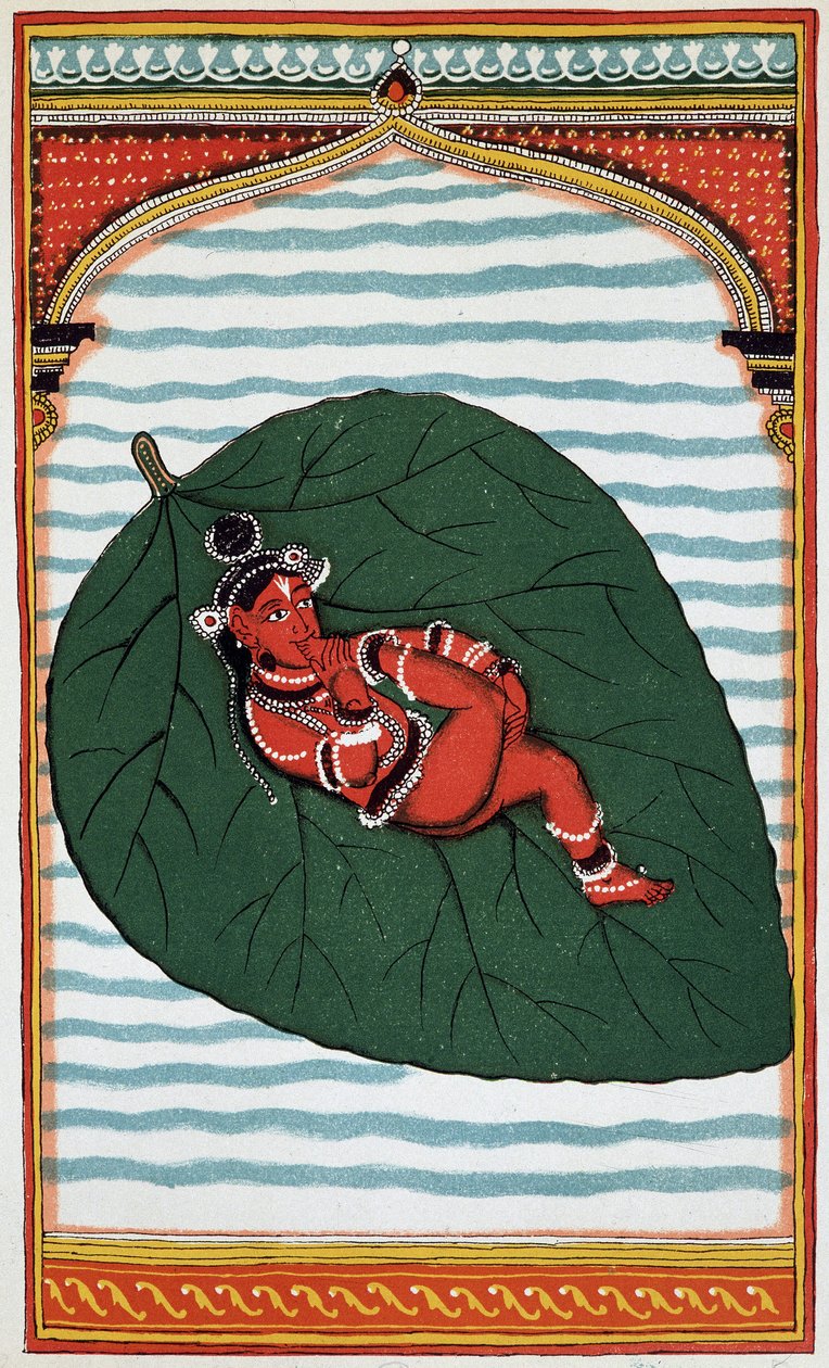 Vishnu eller Narayan: Den andre store guddom i den brahmanske triaden, hans fødsel - litho fra 1700-tallet. av Indian School