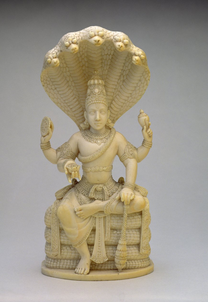 Vishnu, sittende på Serpent Sesha, holder et skall, mace, plate og lotus av Indian School