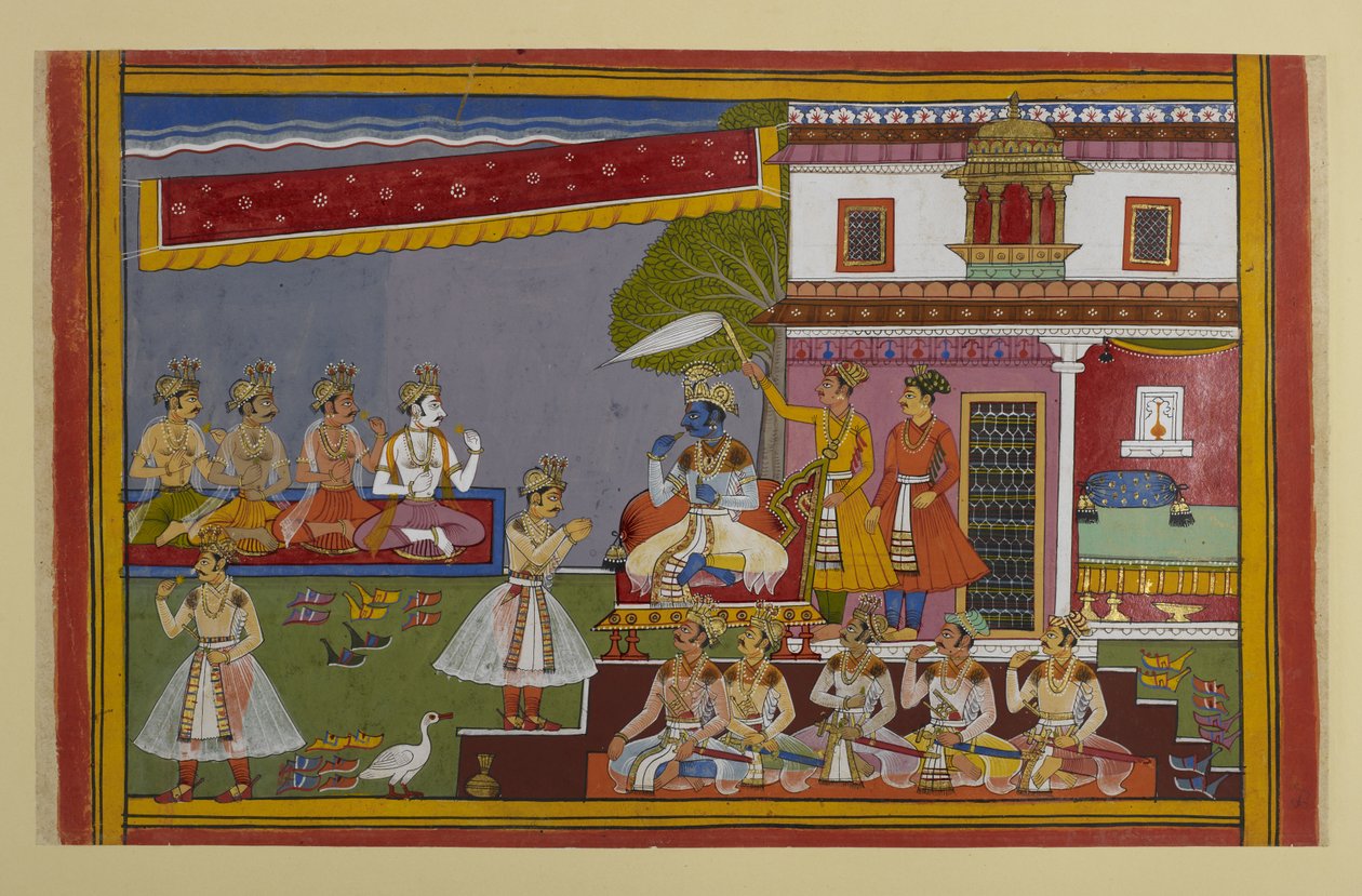 Viṣṇu nekter å kjempe mot Rāvaṇa på grunn av sin velsignelse, men oppfordrer gudene til å kjempe mot ham. av Indian School