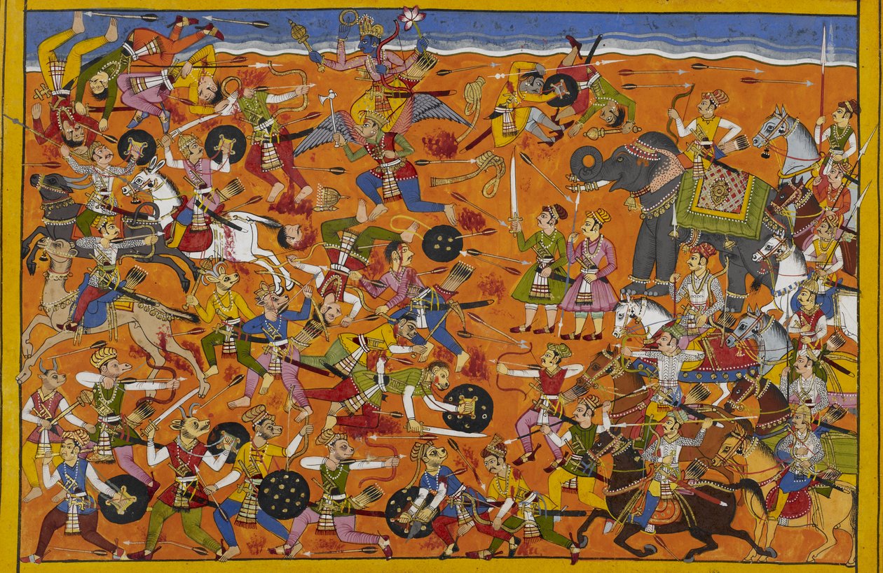 Viṣṇu leder gudene, beseirer Malyavān, demonene trekker seg tilbake i skam av Indian School
