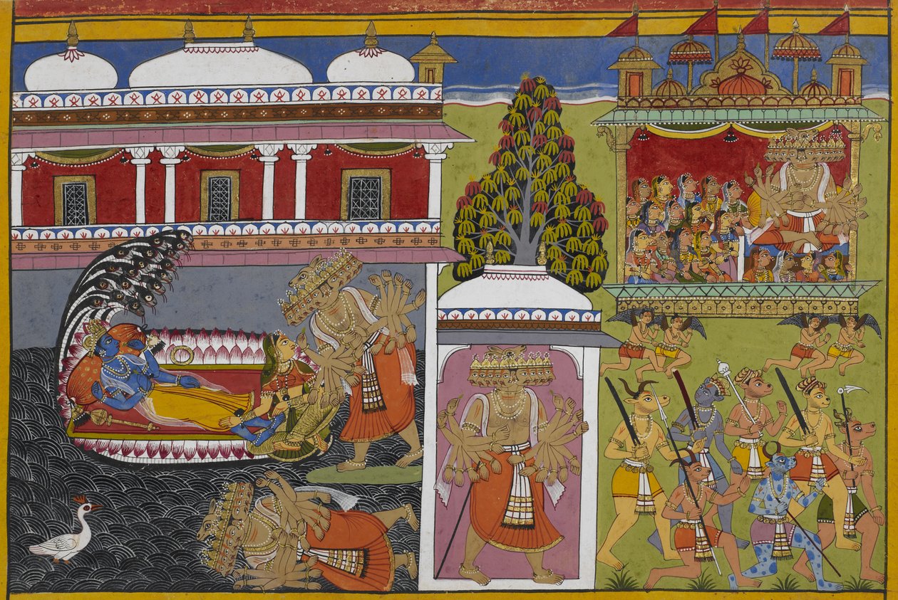 Viṣṇu hviler hos Lakshmi mens Rāvaṇa faller, og deretter bortfører kvinner i vognen sin av Indian School