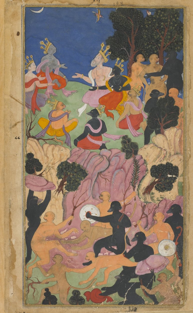 Vol.2 fol.194 Rama konfererer med Vanara-høvdingene på Suvela-fjellet (ugjennomsiktig akvarell, blekk og gull på papir) av Indian School