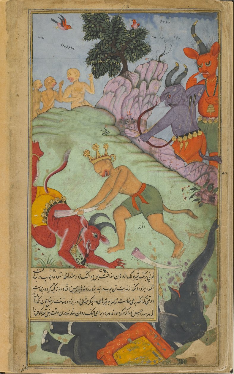 Vol.2 fol.227 Angada slår ned Devantaka med en brosme revet fra Mahodaras elefant (ugjennomsiktig akvarell, blekk og gull på papir) av Indian School