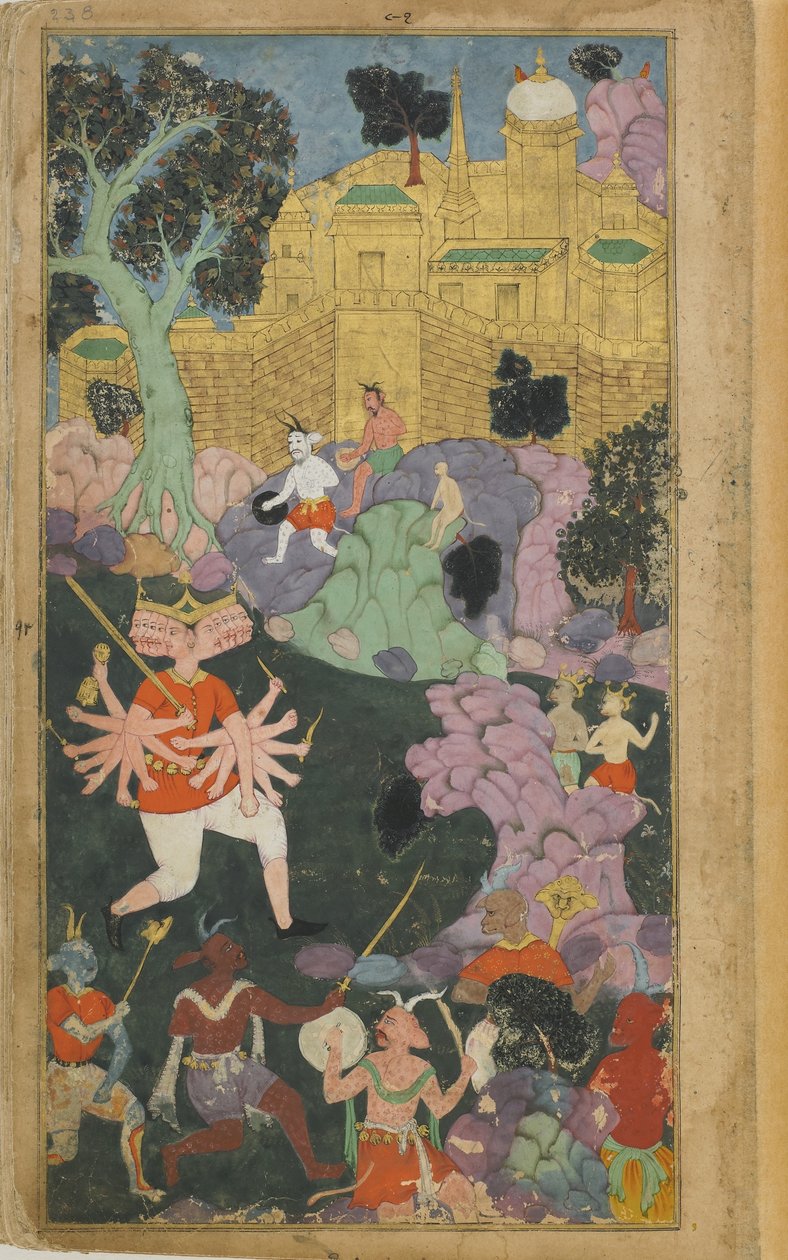 Vol.2 fol.238 Ravana og hans styrker inntar posisjon foran byen (ugjennomsiktig akvarell, blekk og gull på papir) av Indian School