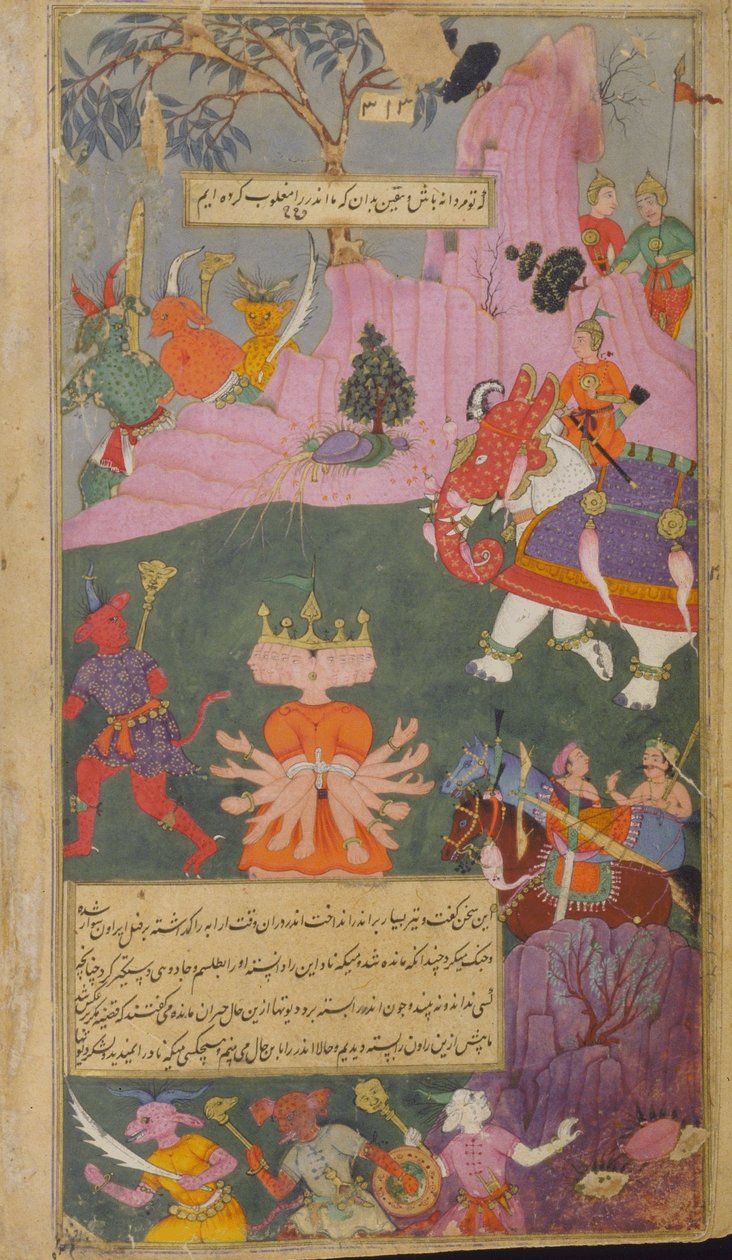 Vol.2 fol.310 raksasa-hæren flykter ved synet av Ravana tatt til fange av Indra (ugjennomsiktig akvarell, blekk og gull på papir) av Indian School