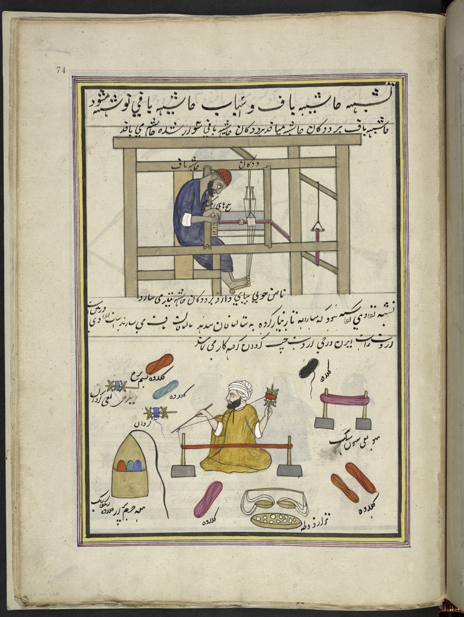 Vever som lager en kant; mann som ruller farget ull,  86 tegninger bundet inn i et bind som viser handel og yrker i Kashmir, håndverkere vises i arbeid med redskaper og utstyr,  Av en Kashmir-kunstner, sannsynligvis i Srinagar, ca. 1850-60 (goua av Indian School