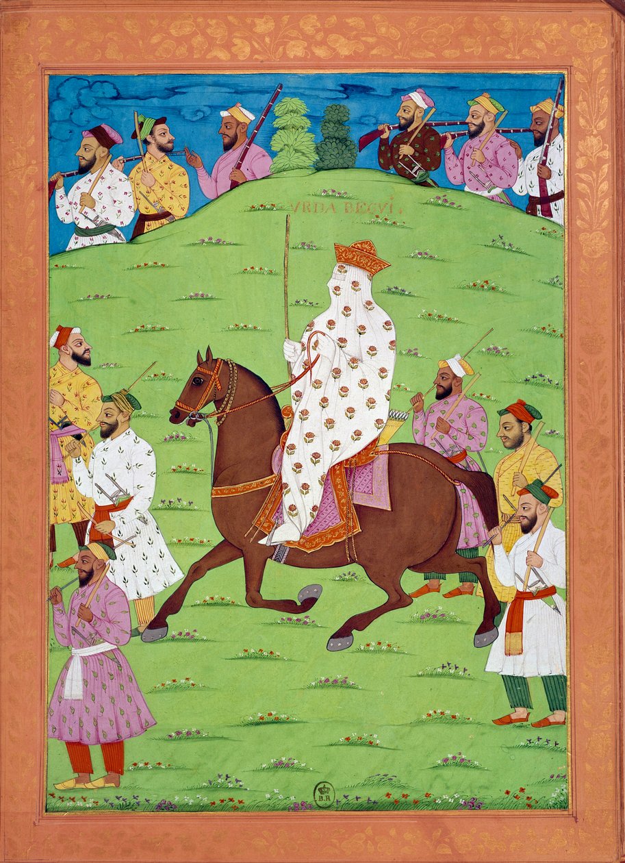Kvinne i tjeneste for dronningen som reiser til hoffet til Shah Alem Indiske og persiske miniatyrer i "History of India from Tamertante to Orangreyb"" av Niccolo Manucci (1638-1717). B.N., Paris. av Indian School