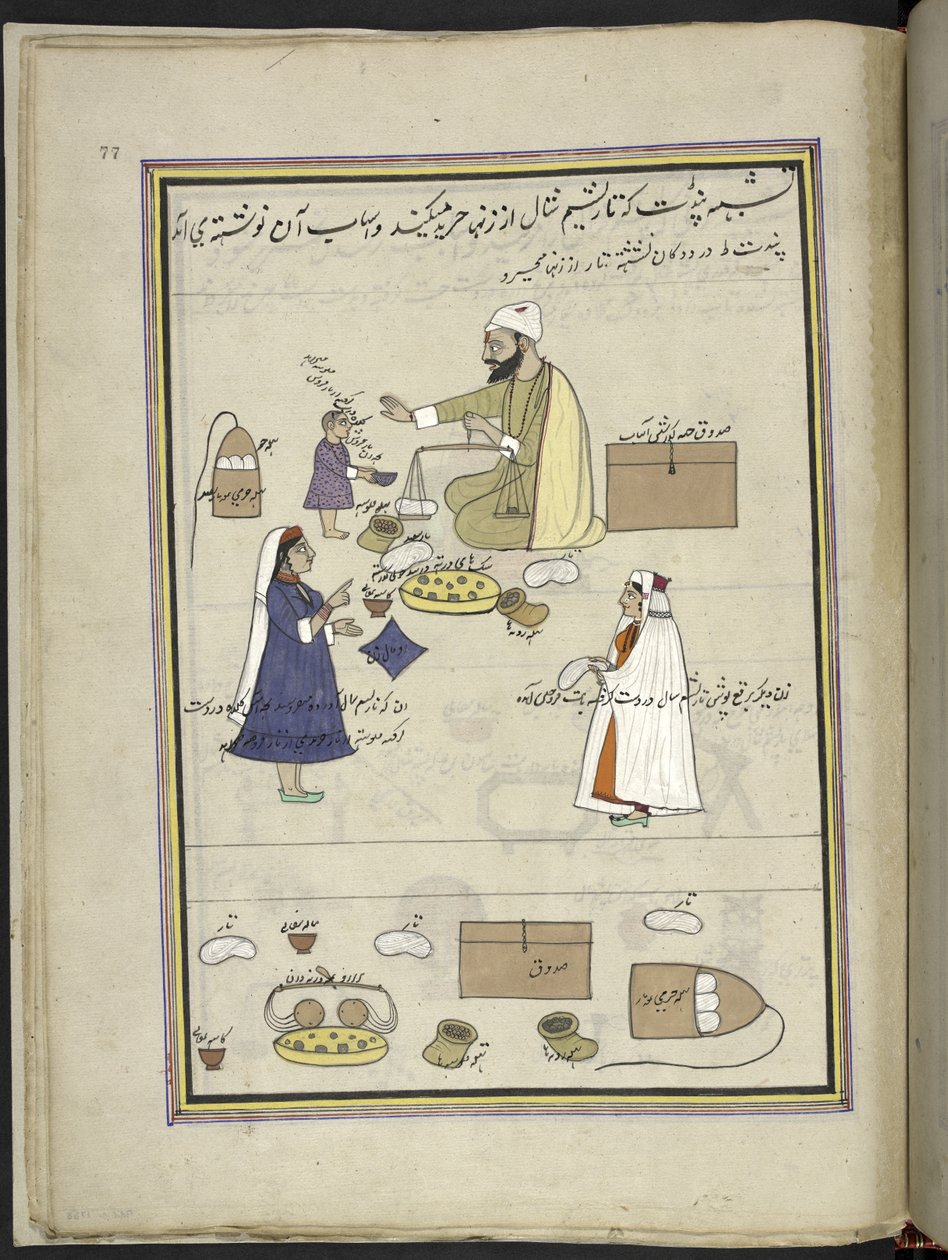 Kvinner som returnerer spunnet sjalull,  86 tegninger bundet inn i et bind som viser handel og yrker i Kashmir, håndverkere vises i arbeid med redskaper og utstyr,  Av en Kashmir-kunstner, sannsynligvis i Srinagar, ca. 1850-60 (gouache på papir) av Indian School