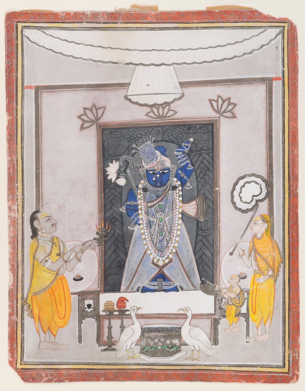 Tilbedelse av Shrinathaji (ugjennomsiktig wc, gull og sølv på papir) av Indian School