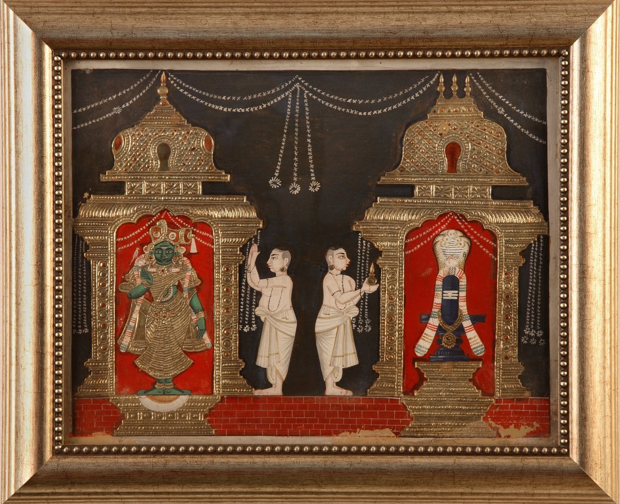 Tilbe Visnhu og Shiva i form av Shivalingam, Tanjavore School, sent på 1800-tallet (wc og gull på papir) av Indian School