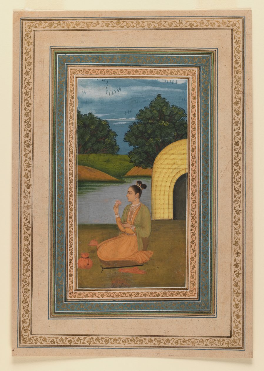 Yogini i et landskap, ca. 1760 (wc på papir) (recto of 375848) av Indian School